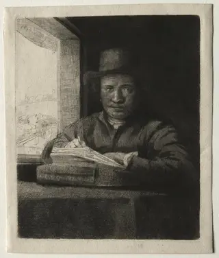 Self-Portrait Drawing at a Window, by Rembrandt van Rijn