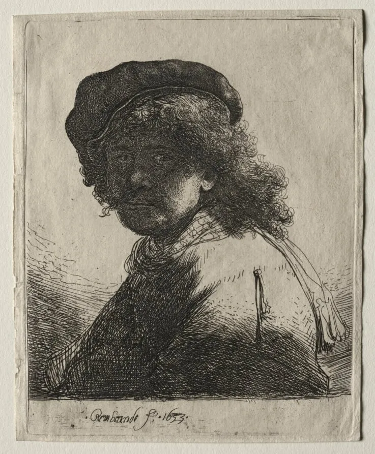 Self-Portrait in a Cap and Scarf with the Face Dark: Bust, by Rembrandt van Rijn, 1633