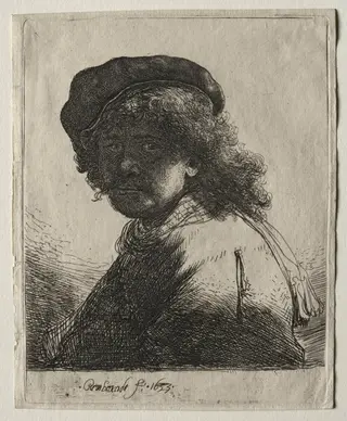 Self-Portrait in a Cap and Scarf with the Face Dark: Bust, by Rembrandt van Rijn