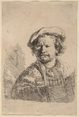 Self-Portrait in a Flat Cap and Embroidered Dress, by Rembrandt van Rijn