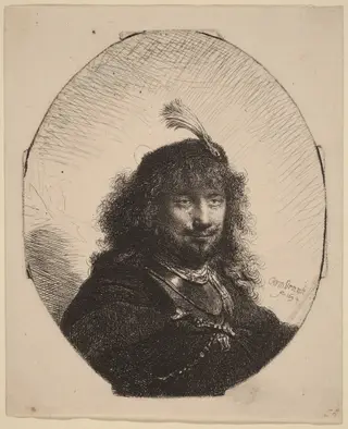 Self-Portrait (?) with Plumed Cap and Lowered Sabre, by Rembrandt van Rijn