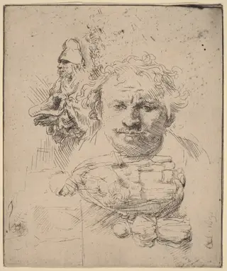 Sheet of Studies with the Head of the Artist, a Beggar Man, and Woman and Child, by Rembrandt van Rijn