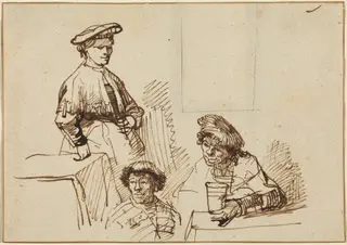 Sketches from a Tavern: Woman Standing and Two Men Seated, by Rembrandt van Rijn