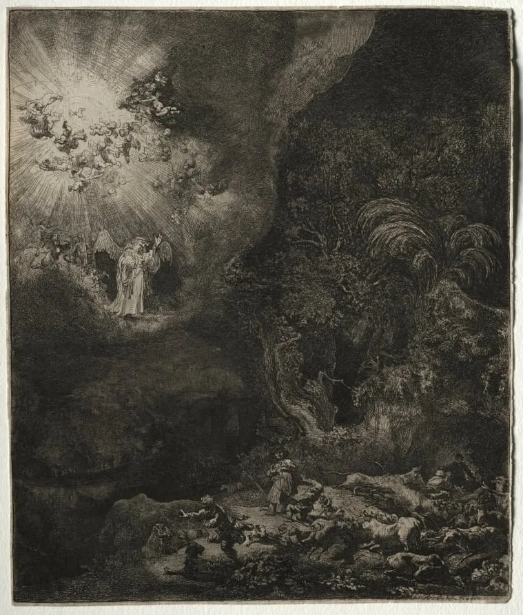 The Angel Appearing to the Shepherds, by Rembrandt van Rijn, 1634