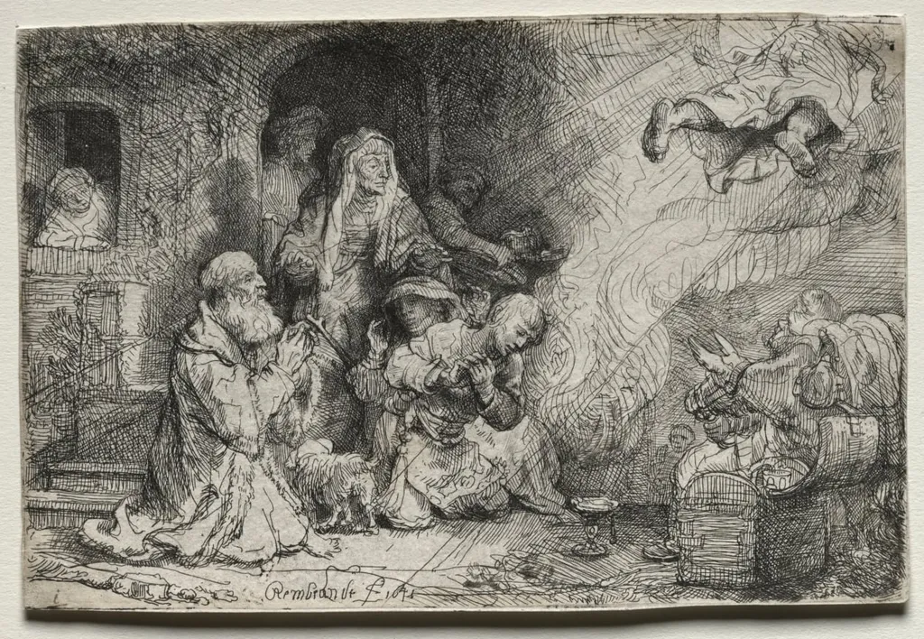 The Angel Departing from the Family of Tobit, by Rembrandt van Rijn, 1641