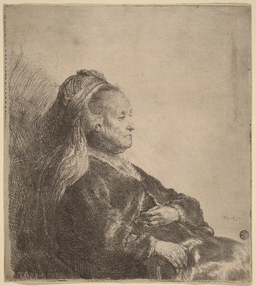 The Artist's Mother Seated, in an Oriental Headdress, by Rembrandt van Rijn, ink, 1631
