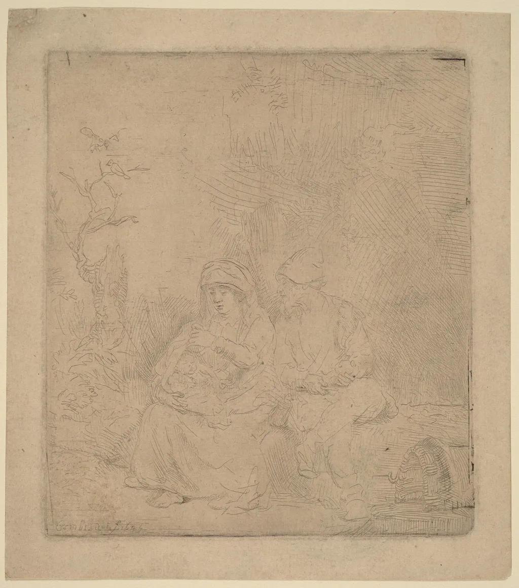 The Rest on the Flight: Lightly Etched, by Rembrandt van Rijn, ink, 1645