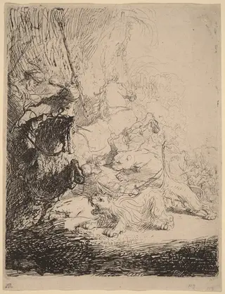 The Small Lion Hunt (with Two Lions), by Rembrandt van Rijn