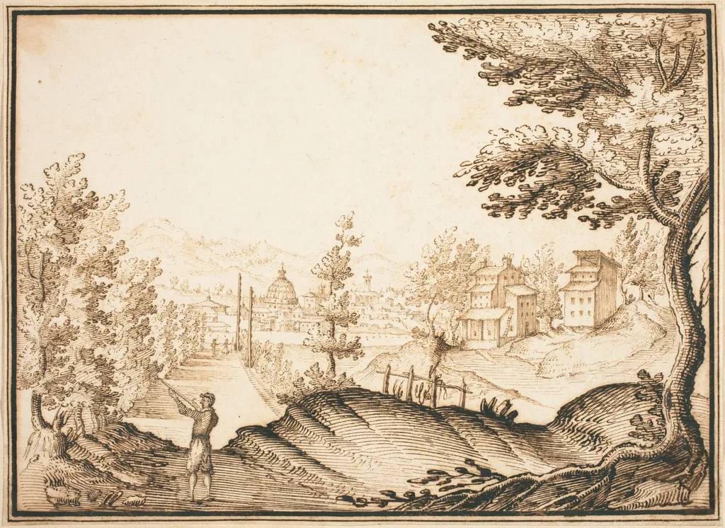 A Landscape with a Domed Building, by Remigio Cantagallina, ink, 1619