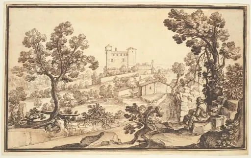 Landscape with a Man Resting, Farm Houses, and a Castle, by Remigio Cantagallina