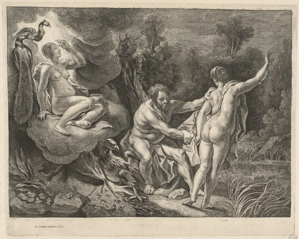 Juno Surprising Jupiter and Io, by Remoldus Eynhoudts, ink, 1652