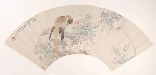 清  任薰   海棠小鳥  扇面|Bird on a Rock by a Flowering Branch