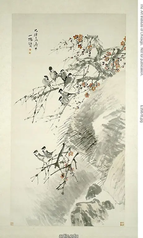 Birds on Red Plum, by Ren Yi