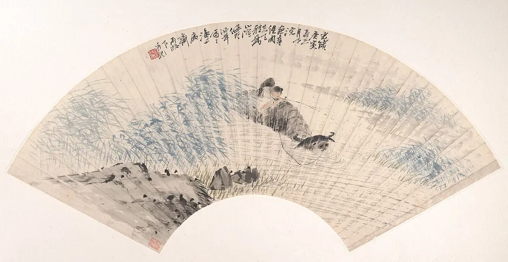 清 任頤 童子水牛 扇面|Herdboy and Buffalo, by Ren Yi, ink, 1890