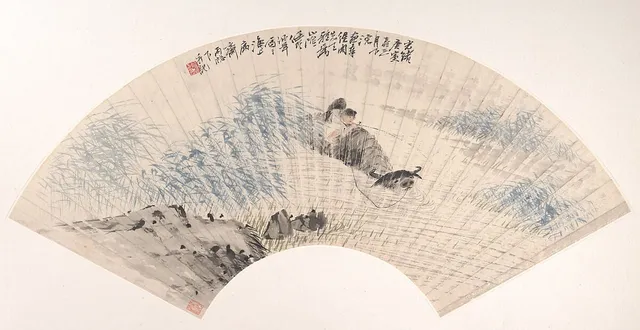 清  任頤  童子水牛  扇面|Herdboy and Buffalo