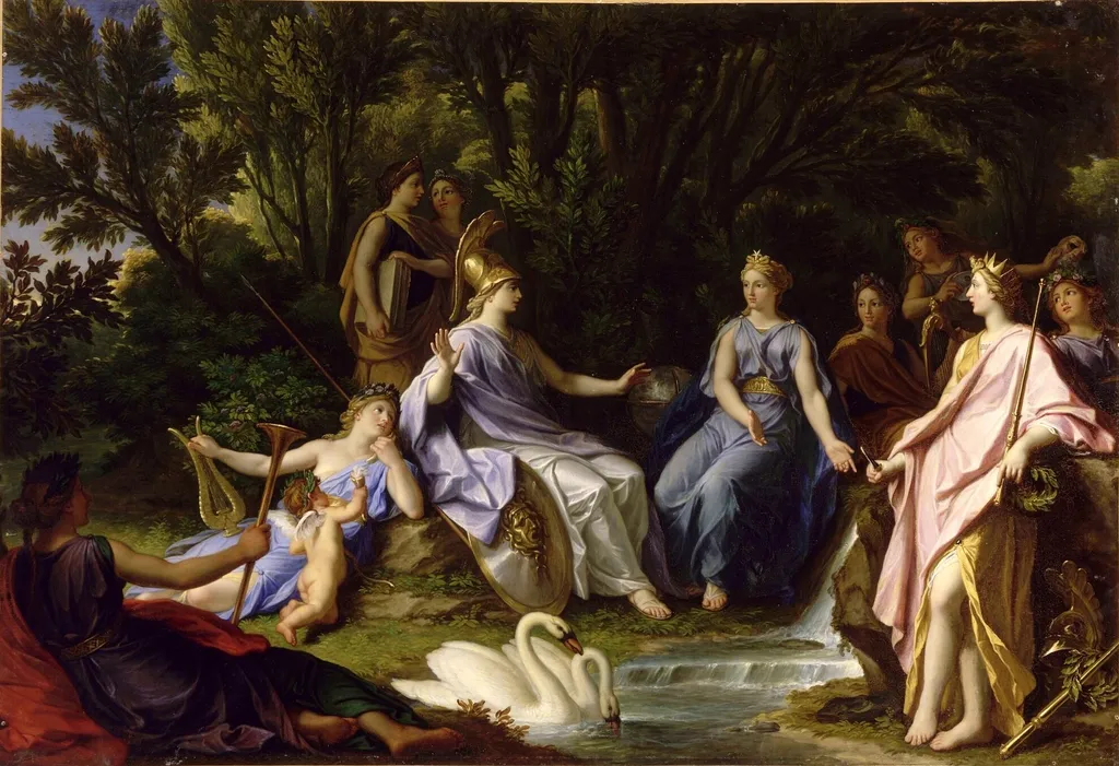 Story of Minerva - The Muses Showing Minerva Hippocrene Waters of the River that Brings Out Pegasus, by René-Antoine Houasse, oil, 1698