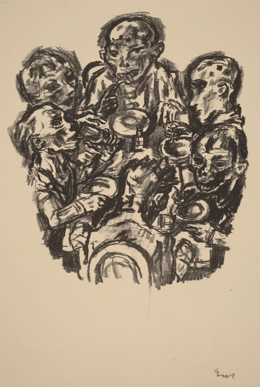 Six Diners at Table, by René Beeh, ink, 1921
