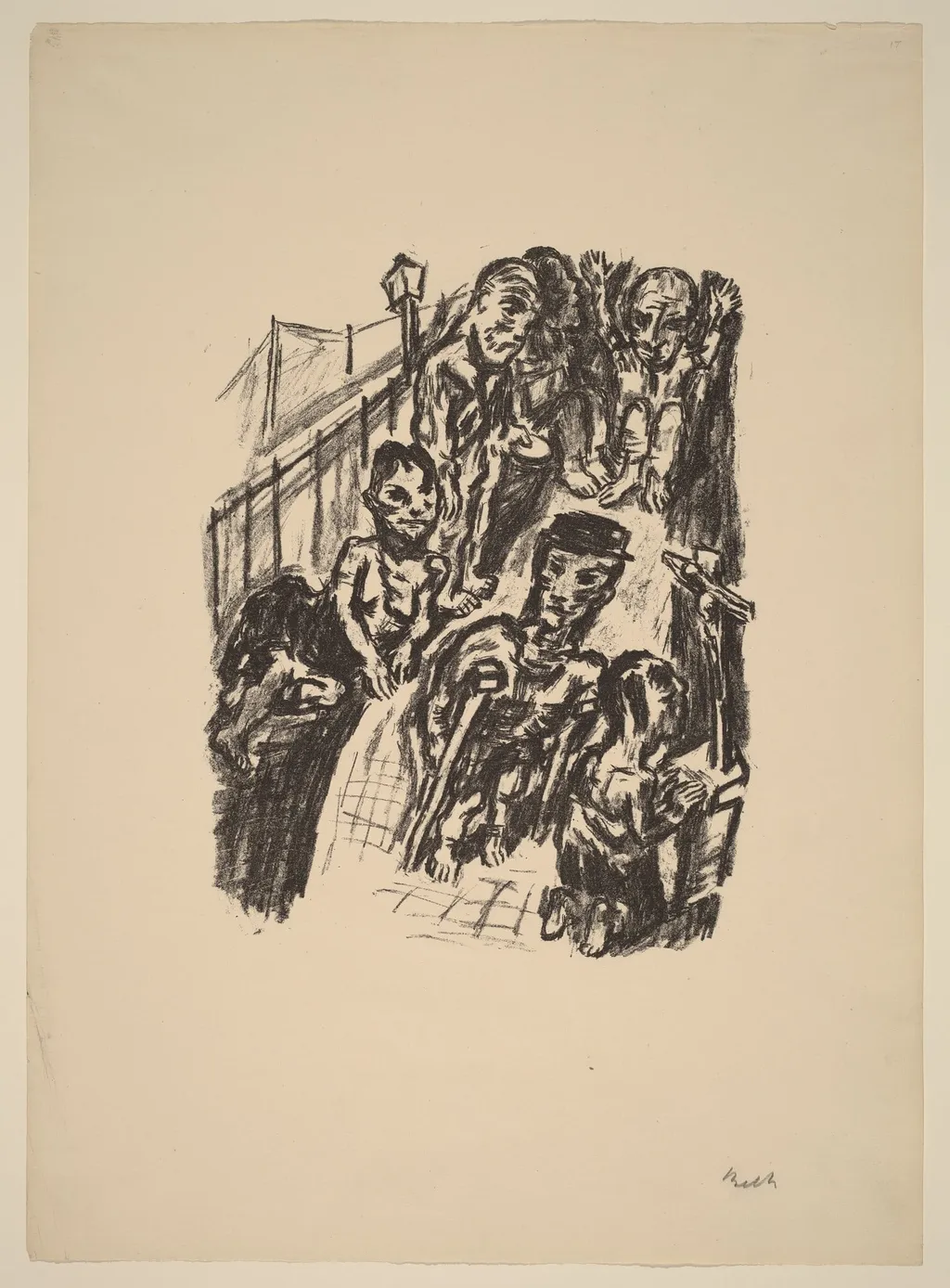 Street Scene with a Cripple and a Praying Man, by René Beeh, ink, 1921