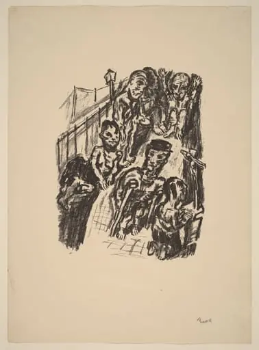 Street Scene with a Cripple and a Praying Man, by René Beeh