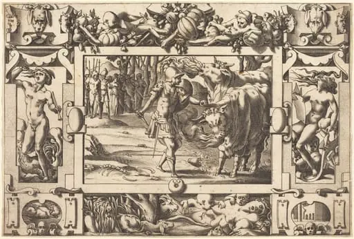 Jason Tames the Two Bulls of Mars, by René Boyvin