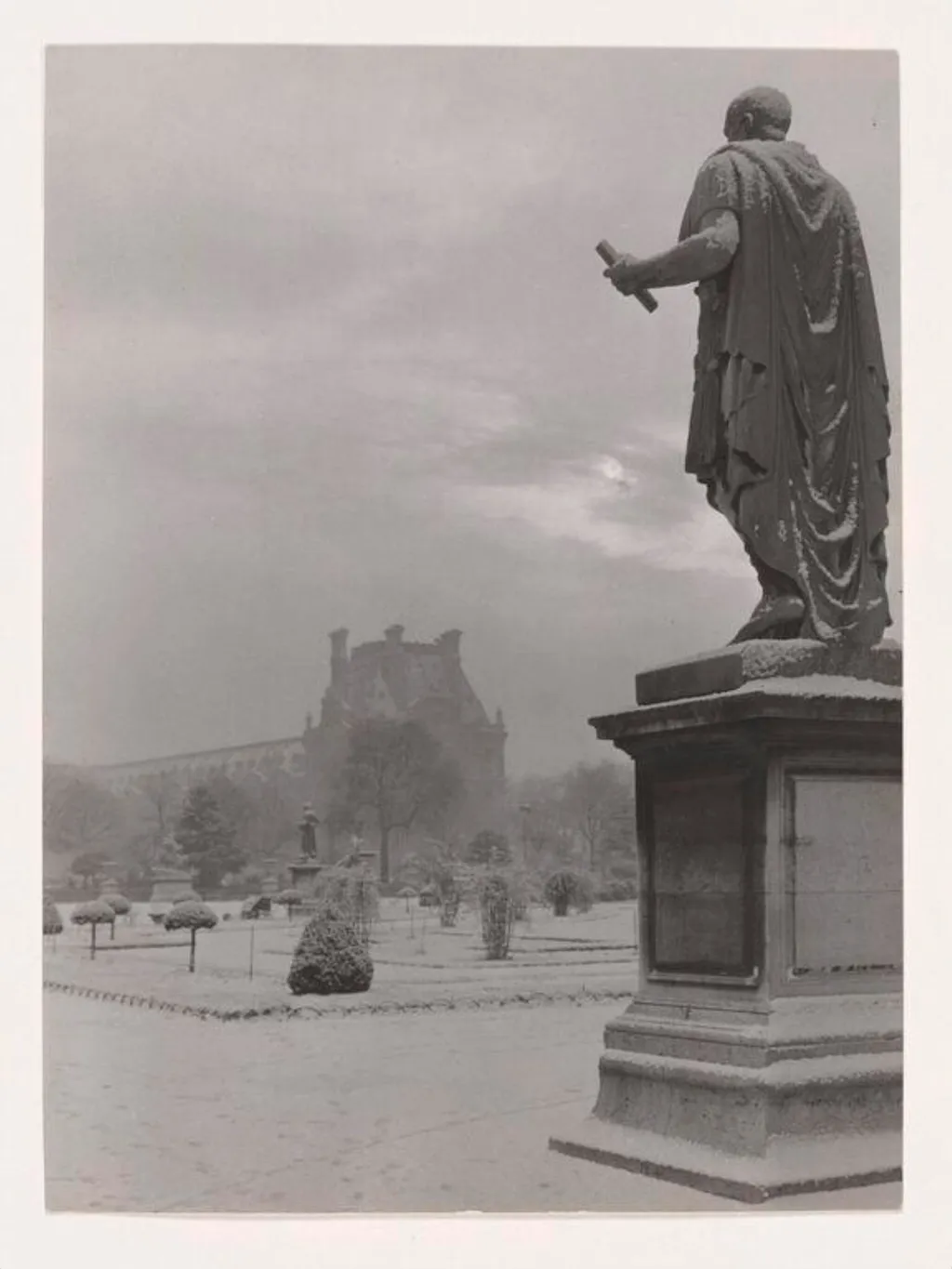 Snowy Gardens and Sculpture, by René Jacques, photographic, 1950