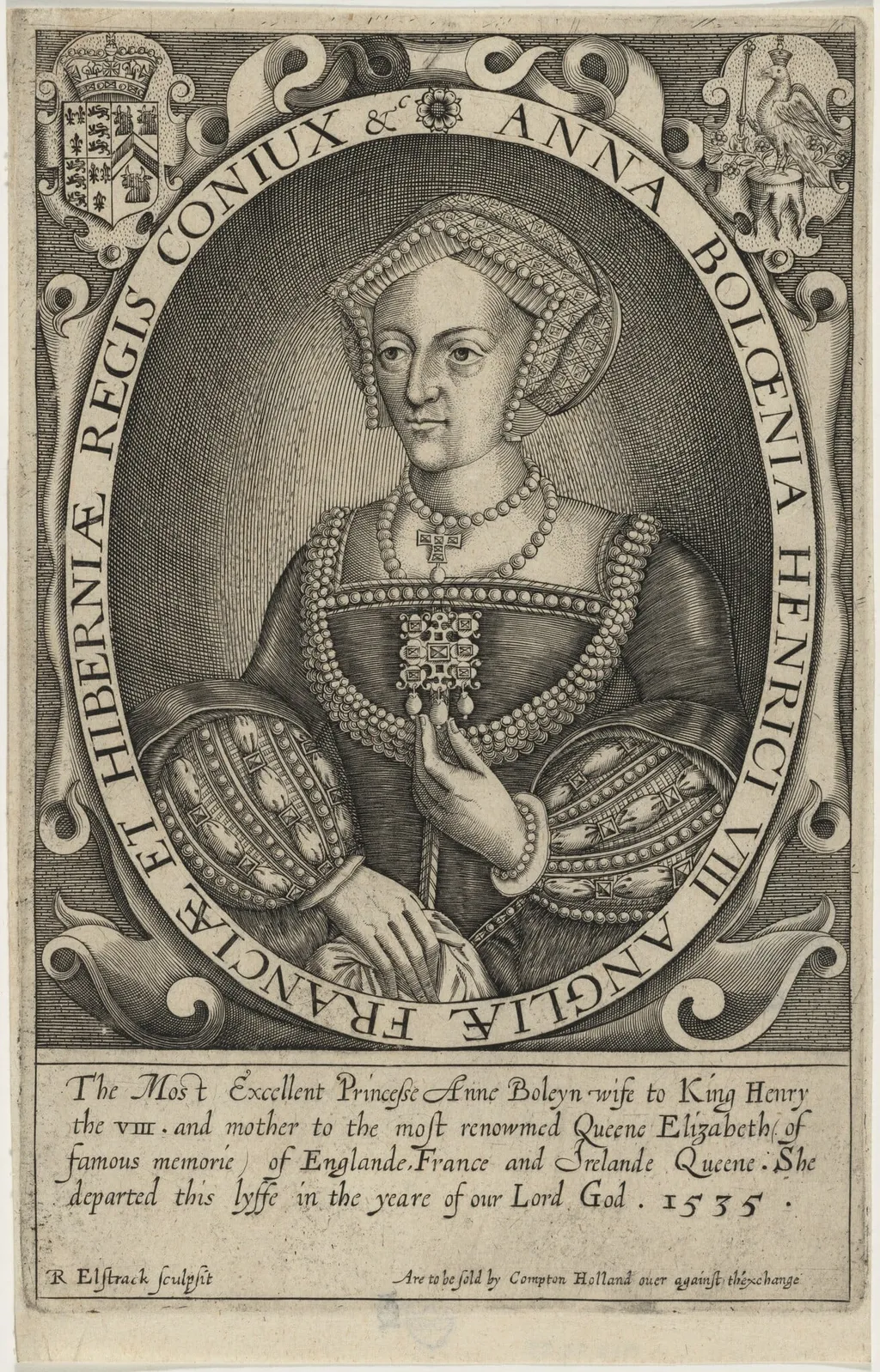 Anne Boleyn, by Renold Elstrack, ink, 1598