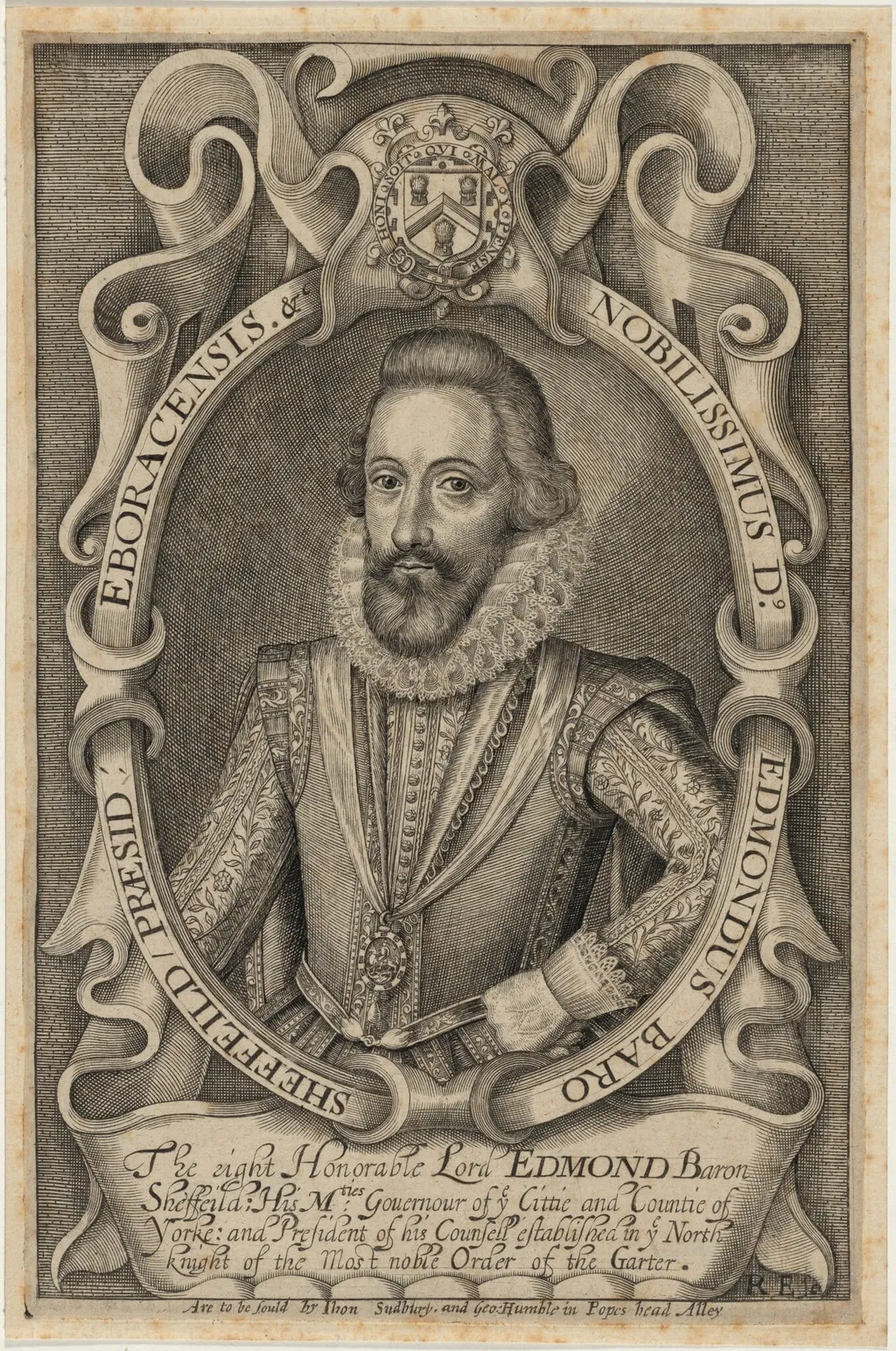 Edmond Shaffield, First Earl of Malgrave, by Renold Elstrack, ink, 1598