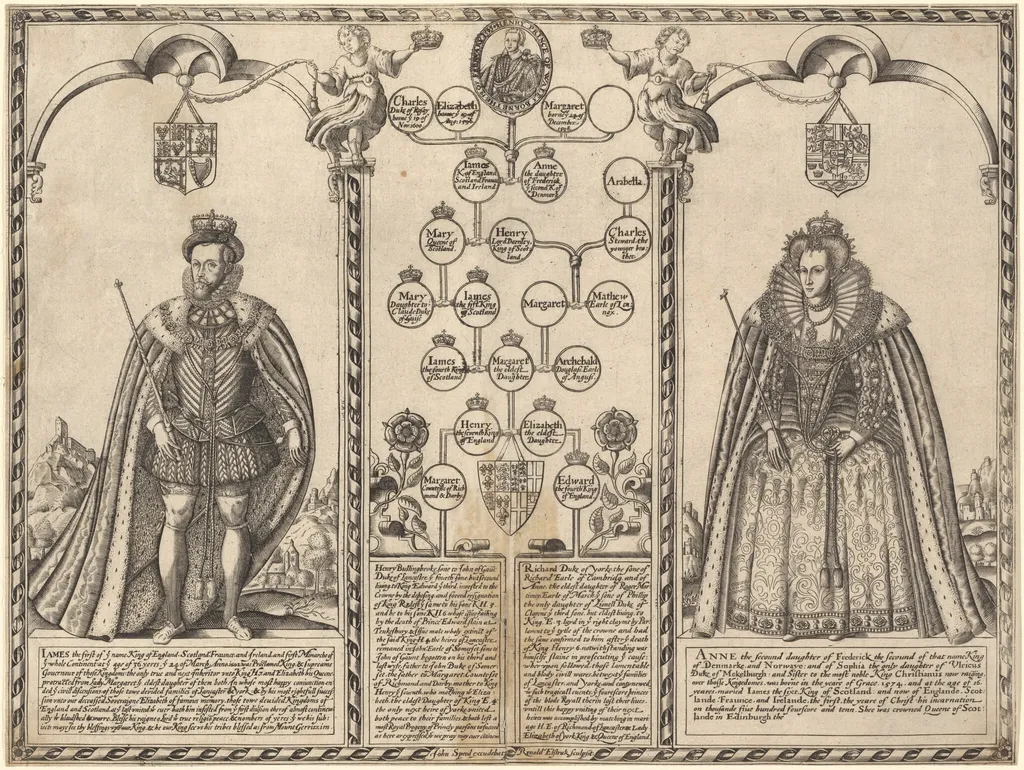 James I and Anne of Denmark, by Renold Elstrack, ink, 1601