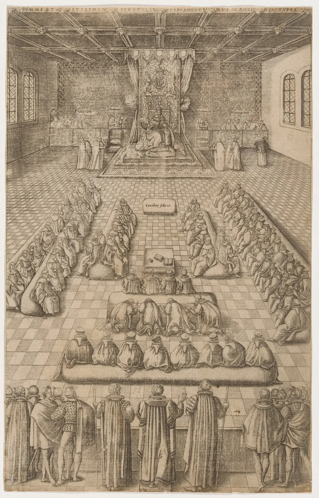 James I in Parliament, by Renold Elstrack, ink, 1610