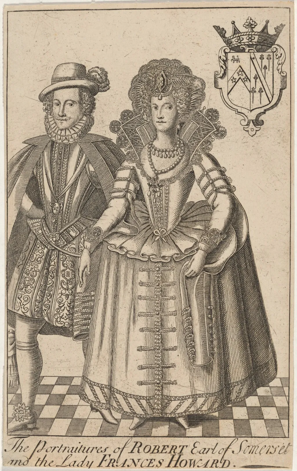 The Portraitures of Robert, Earl of Somerset and Lady Frances Howard, by Renold Elstrack, ink, 1618
