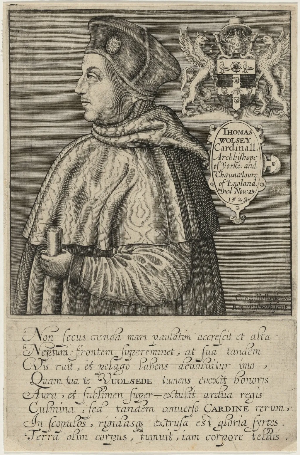 Thomas Wolsey, Cardinal, by Renold Elstrack, ink, 1598