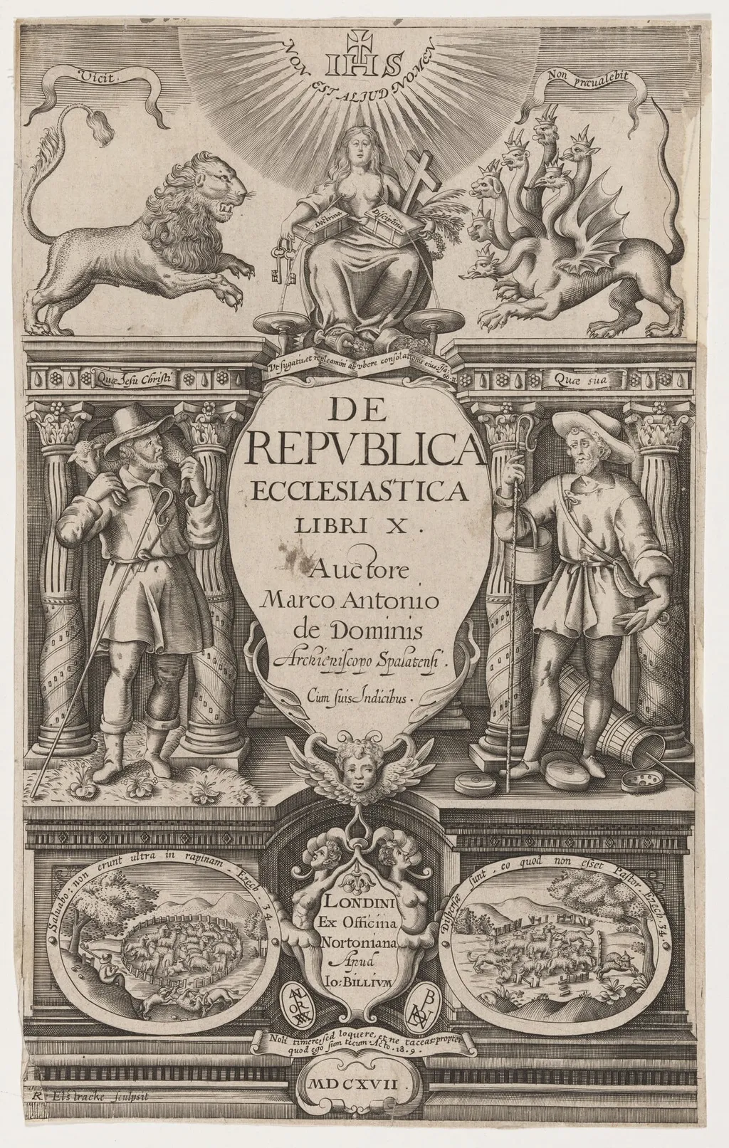 Title Page, De Republica Ecclesiatica by MarcAntonio de Dominis, by Renold Elstrack, ink, 1608
