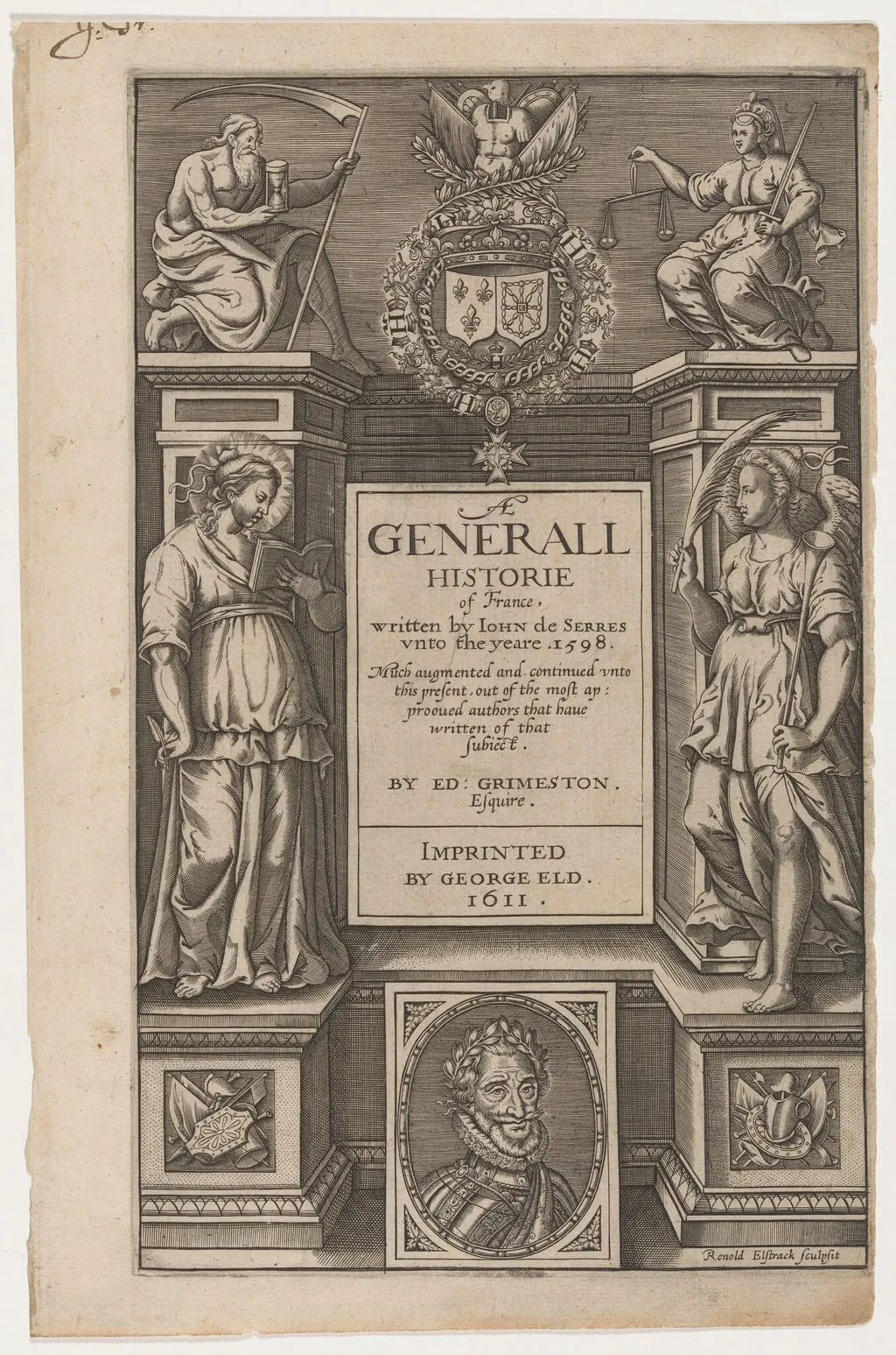 Title Page. Jean de Serres, Generall Historie of France, by Renold Elstrack, ink, 1598