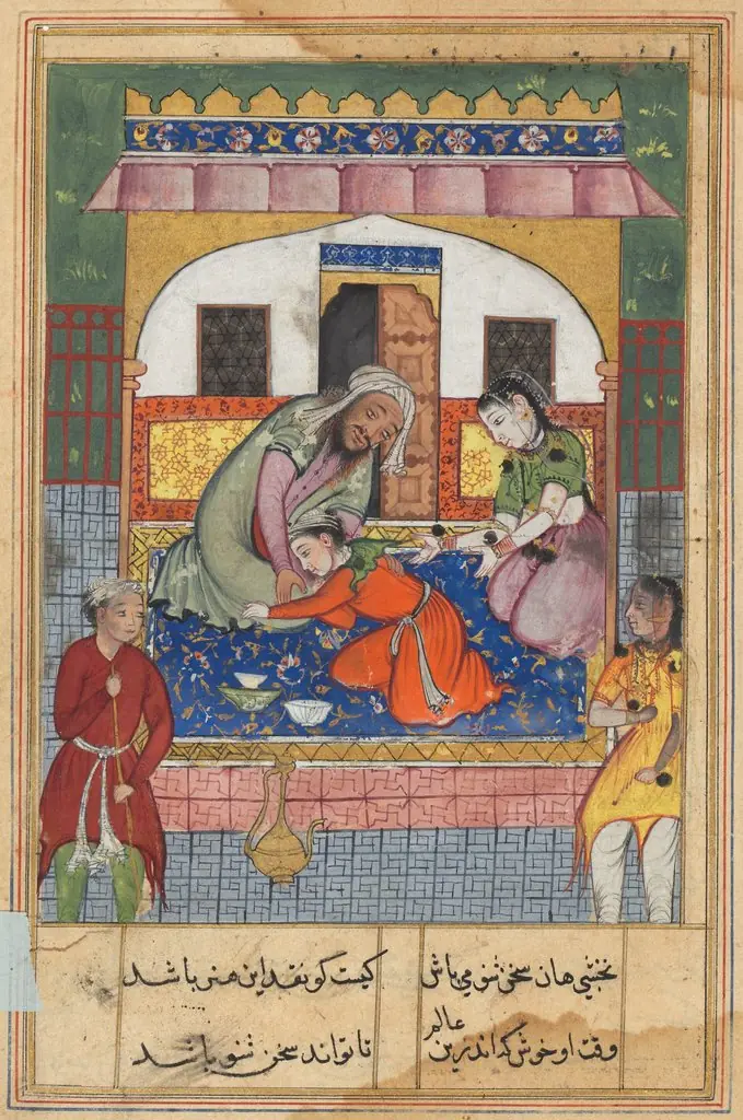 Repenting his conduct, ‘Ubaid falls at the feet of his parents, from a Tuti-nama (Tales of a Parrot): Forty-second Night