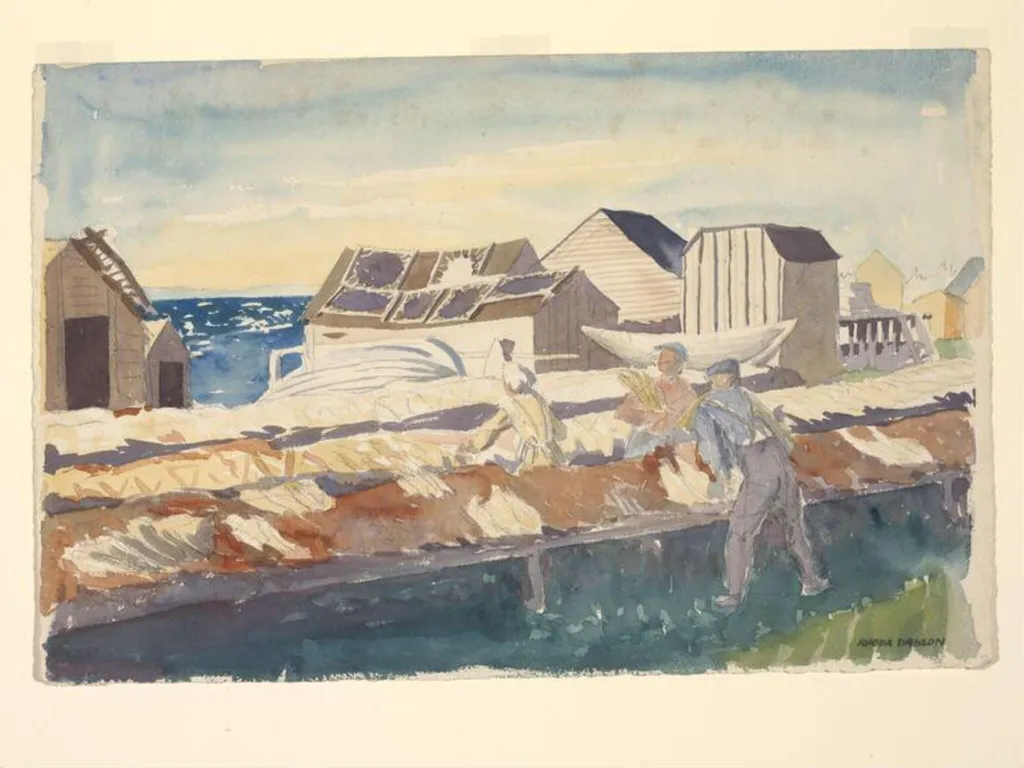 St Anthony's Harbour - A fish drying establishment with seal skins drying., by Rhoda Bickerdike, watercolor, 1934