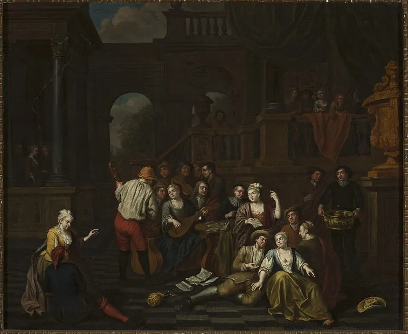 Figural scene against architecture, by Richard Brakenburgh, oil, 1686