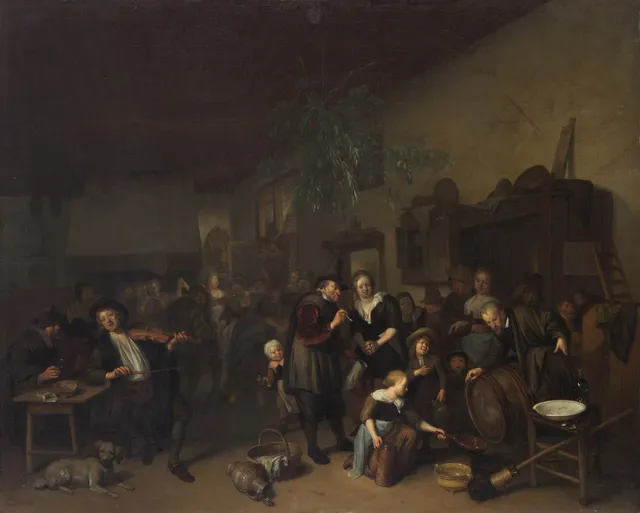 Tavern interior with dancing peasants,, Richard Brakenburgh