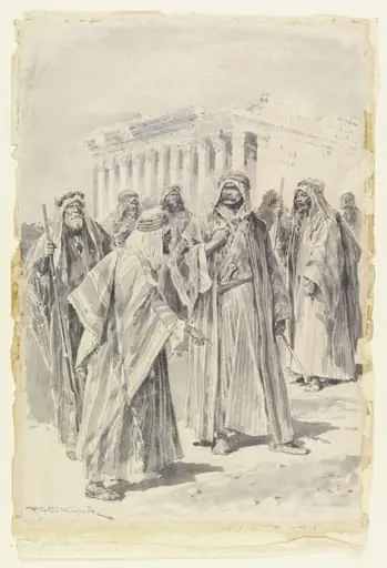 Figure in Arab dress (probably Lord Kitchener) with a group of Arab men in front of a temple, by Richard Caton Woodville