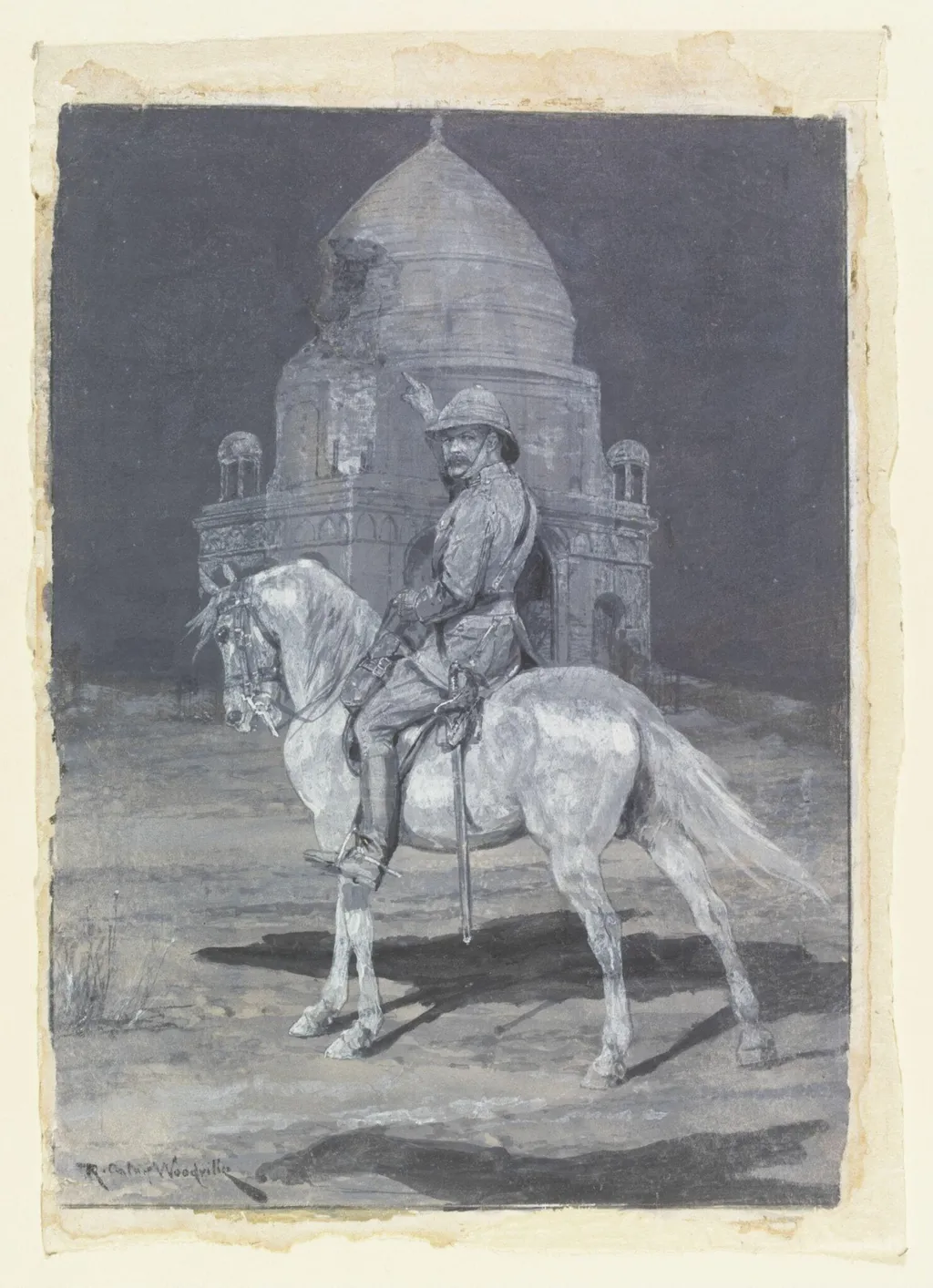 Lord Kitchener on horseback, pointing at the Mahdi's tomb at Omdurman, at night, by Richard Caton Woodville, watercolor, 1899