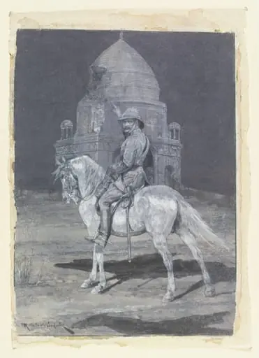 Lord Kitchener on horseback, pointing at the Mahdi's tomb at Omdurman, at night, by Richard Caton Woodville
