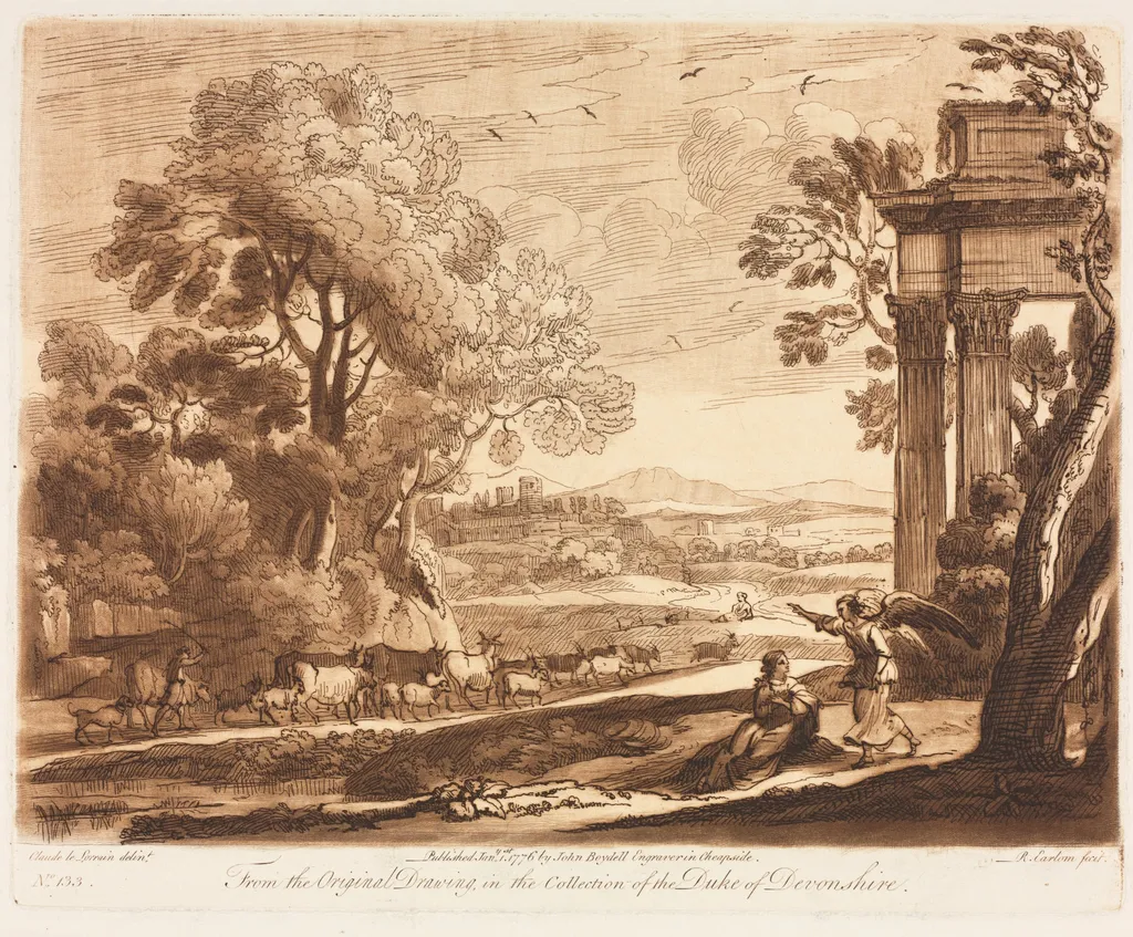 Liber Veritatis: No. 133, A Landscape, with Cattle, and the Angel Comforting Hagar, by Richard Earlom, 1776