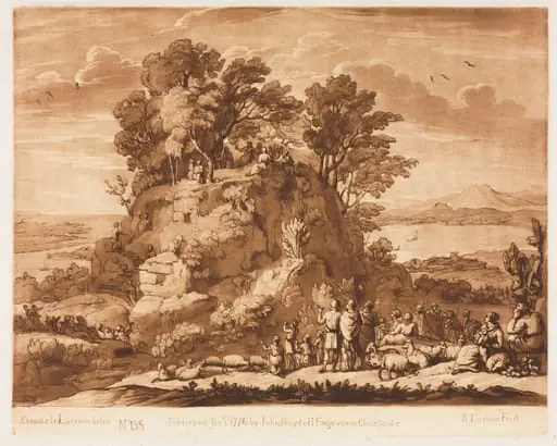 Liber Veritatis: No. 138, A View of the Sea, with Christ Preaching on the Mount (the water below may probably be intended for the Sea of Tiberius), by Richard Earlom