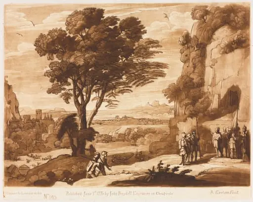 Liber Veritatis: No. 145, A Landscape, with Figures, Simon brought before Priam, by Richard Earlom