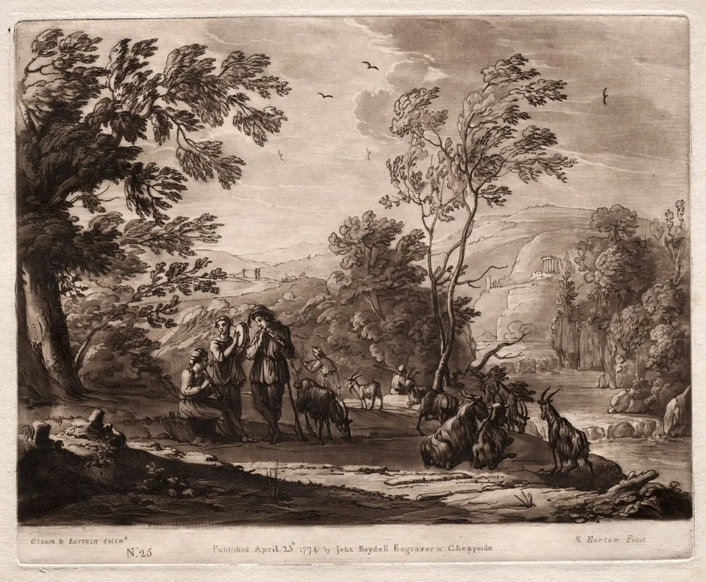 Liber Veritatis: No. 25, A Mountainous and Wooded Landscape with Shepherds Playing and Goats Browsing, by Richard Earlom, 1774