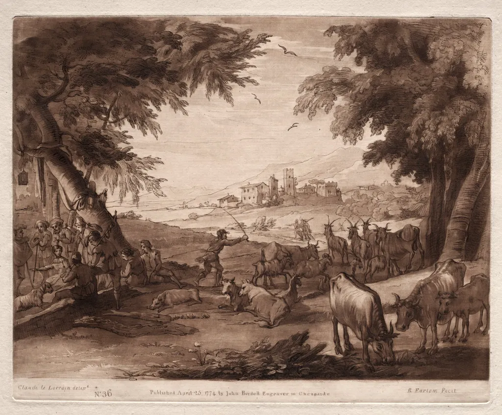 Liber Veritatis: No. 36, Pastoral Scene with Villagers and a Herd of Oxen and Goats, by Richard Earlom, 1777