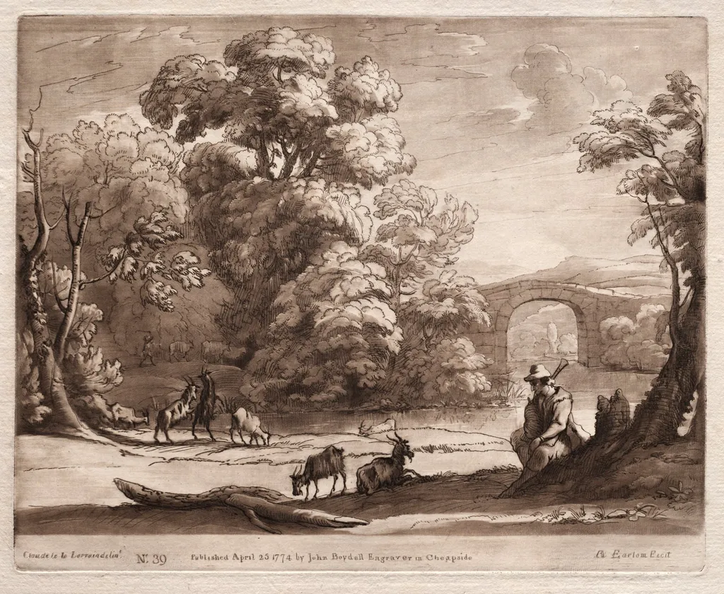 Liber Veritatis: No. 39, A Landscape with Herdsman Playing a Bagpipe and Goats Browsing, by Richard Earlom, 1774
