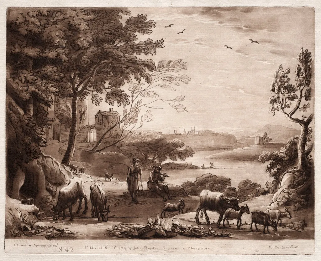 Liber Veritatis: No. 42, A River Landscape with a Shepherd and Shepherdess and a Herd of Cattle, by Richard Earlom, 1774