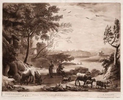 Liber Veritatis: No. 42, A River Landscape with a Shepherd and Shepherdess and a Herd of Cattle, by Richard Earlom