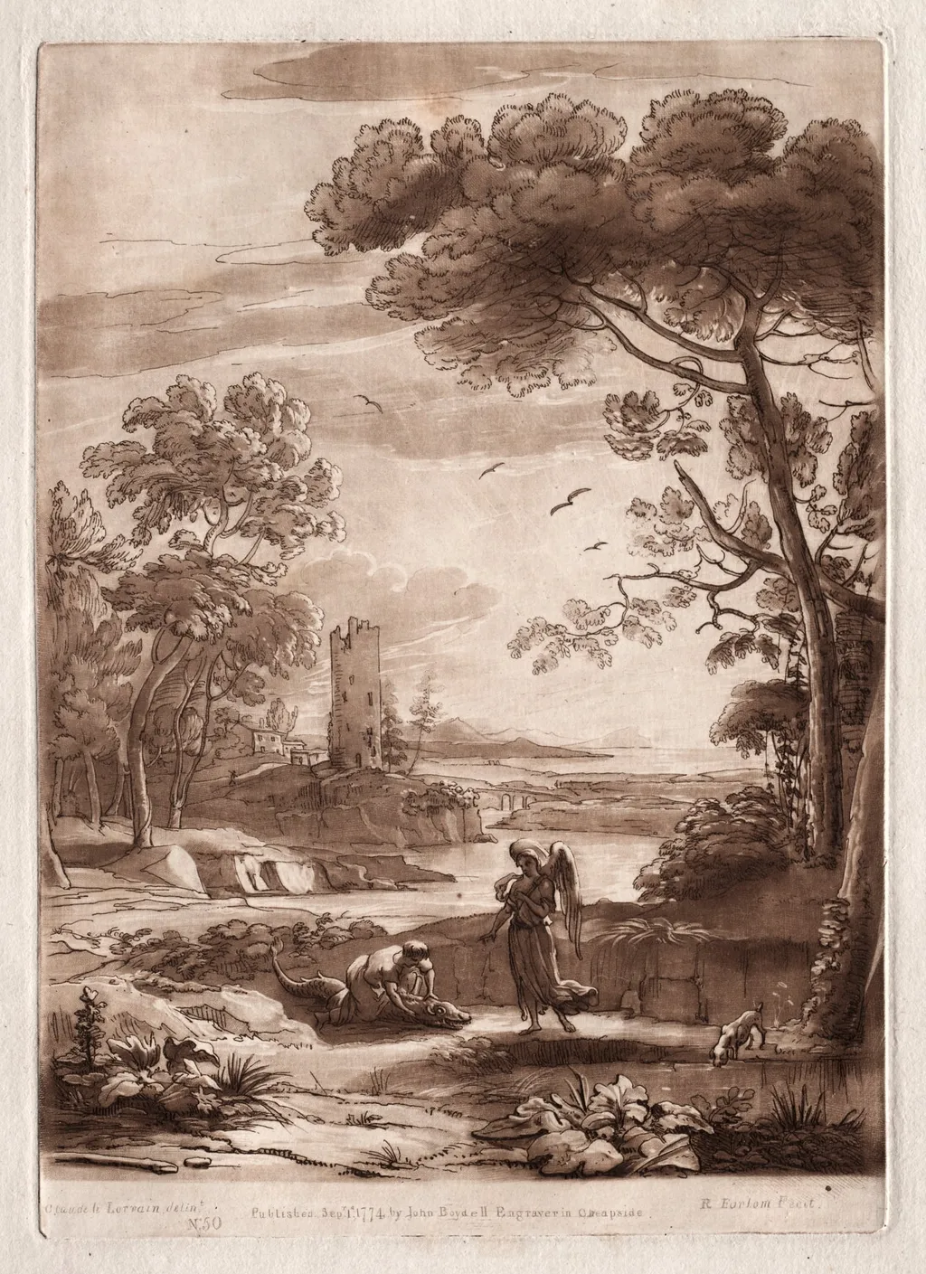 Liber Veritatis: No. 50, A River Scene with Tobias and the Angel, by Richard Earlom, 1774
