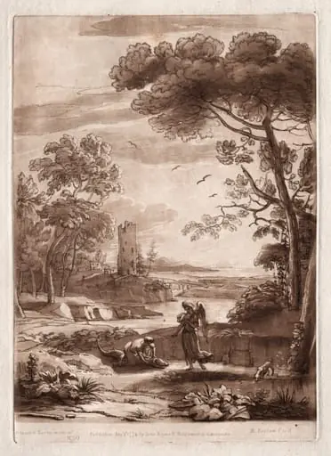 Liber Veritatis: No. 50, A River Scene with Tobias and the Angel, by Richard Earlom